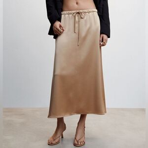 New Mango Satin Midi Skirt Champagne Gold XS